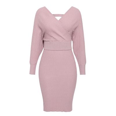 China Custom Made Spring Casual V-neck Long Sleeve Off Shoulder Women Knitted Sweater Skirt Two Piece Set for sale