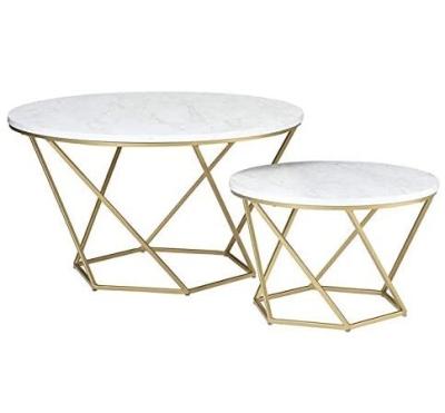 China Eco - Friendly Faux Marble Interlocking Tier White - Gold Top Round Coffee Table Set for sale