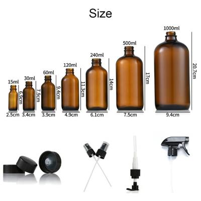 China Custom Amber Glass Personal Care Pump Bottle 30ml 60ml 100ml 500ml Cosmetic Frosted Amber Pharmaceutical Glass Spray Dropper Bottles for sale