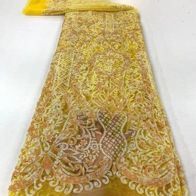 China Z033 Viable Mesh Lace Fabric Luxury Handmade Nigerian Beaded Laces Fabrics Best Price African French Tulle Lace Fabric For Bridal for sale