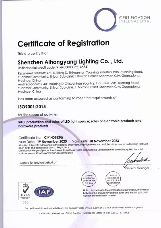 ISO9001 - Shenzhen Aihongyang Lighting Co., Ltd.