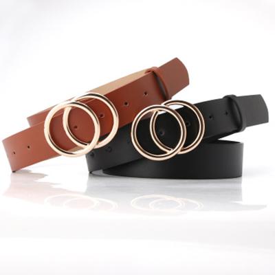 China Keep Warmer New Double-Ring Buckle Belt Round Buckle Covered Black Belt PU Leather Decoration Ladies Belts for sale