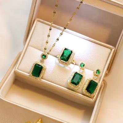 China TRENDY Korean Fashion Cute Green Zircon Baguette Gold Plated Jewelry Set For Women for sale