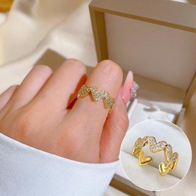 China TRENDY Korean Fashion Cute Zircon Love Heart Adjustable Gold Plated Ring For Women for sale