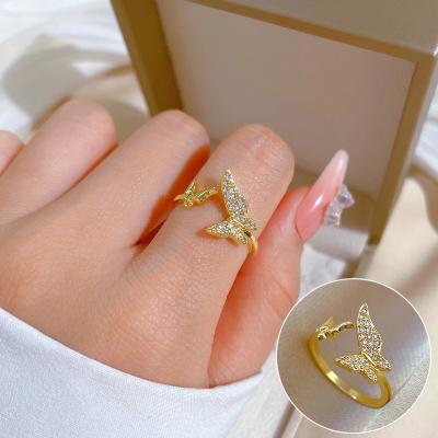 China TRENDY Korean Fashion Cute Zircon Butterfly Adjustable Gold Plated Ring For Women for sale