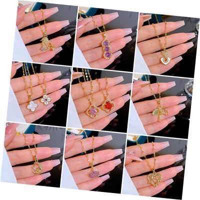 China TRENDY Korean fashion cute stainless steel chain colorful zircon geometric pendant necklace for women gold plated jewelry for sale