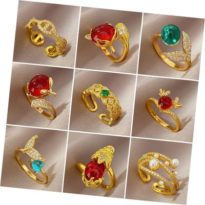 China TRENDY Western fashion zircon colorful geometric whale tail adjustable open ring for women 18K gold plated jewelry for sale