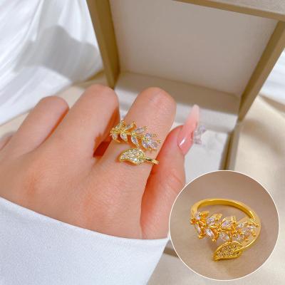 China TRENDY Korean Fashion Cute Zircon Wheat Leaf Adjustable Gold Plated Ring For Women for sale