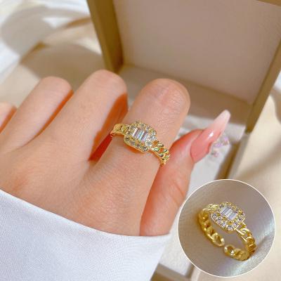 China TRENDY Korean Fashion Cute Zircon Square Adjustable Gold Plated Wedding Ring For Women for sale