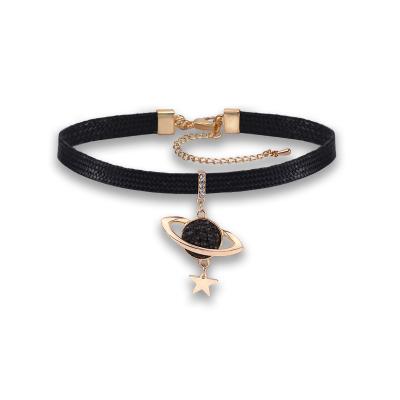 China TRENDY Korean Fashion Cute Rhinestone Star Planet Saturn Pendant Leather Choker Necklace For Women for sale