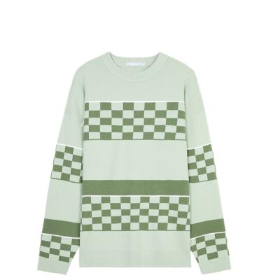 China 2021 Hot Selling Anti-wrinkle Checkerboard Green Crewneck Long Sleeve Loose Knitted Sweater for sale