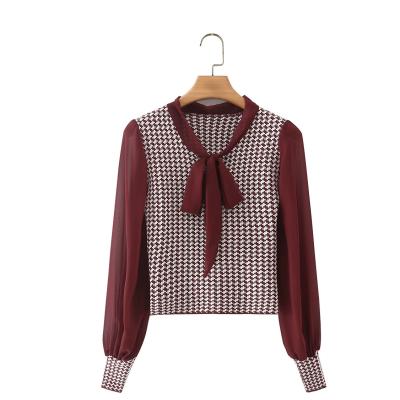 China Custom Hot Selling Chiffon Women's Anti-pilling Plaid Chiffon Shirt Autumn Leisure Urban Sweater V-Neck Long Sleeve V-Neckline Lace Up Sweater Shirt for sale