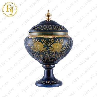 China Muslim Chinni Posuda Crystal Glass Candy Jar Footed Gold Full Pattern Europe Dubai Turkey Gift Idishlar Candy Storage for sale