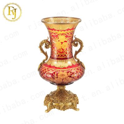 China Traditional Full Glass Vase Crystal Flower Glass Clear Vases in Idishlar Chinni Posuda Gold Pattern Dubai Turkey Gift for sale