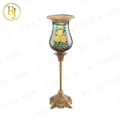 China Crystal Glass Candle Holder Gold Full Pattern Home Gift Dubai Turkey Decoration Posuda Glass Candle Holder for sale