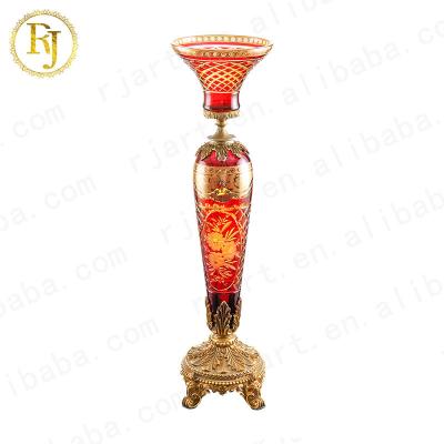 China European Dubai Turkey Gift Full Crystal Glass Candleholders Gold Pattern Posuda Candle Holder Red Glass for sale