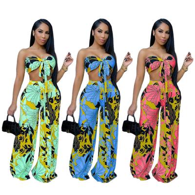 China Fashion Set Wholesale Anti-pilling Women Clothes Floral Print Wrap Bow Chest and Flare Pants Women Set for sale