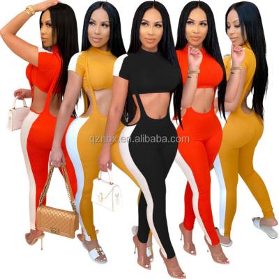 China Anti-pilling New Trend Women Slim 2PCS Knit Contrast Panel Ribbed Crop Top And Suspender Overalls Set Casual Summer for sale