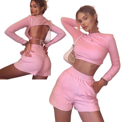 China Casual Cute Backless Anti Pilling Lace Up Long Sleeve Jumper Tops And Shorts Fashion Women Fall Style 2 Pieces for sale