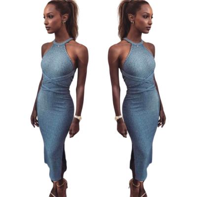 China Newest Anti-Static Women Dress Halter Sleeveless Backless Lace Up Bodycon Mid-Calf Midi Side Split Dress Long for sale