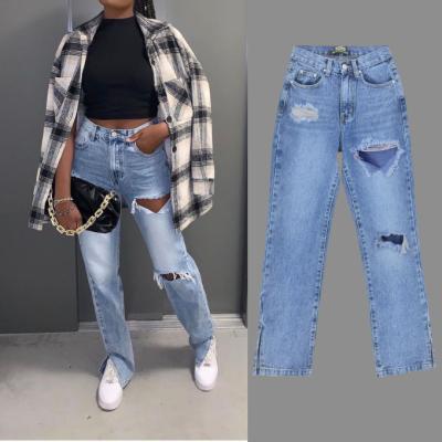 China Viable Women's High Waisted Straight-Leg Jeans Pants Slit Edge Ripped Holes Wiping Denim Pants for sale