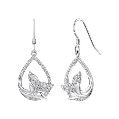 China Trendy CLASSIC Customizable Brass Silver Ladies Elegant Cubic Zirconia Tail Dolphin Earrings for sale