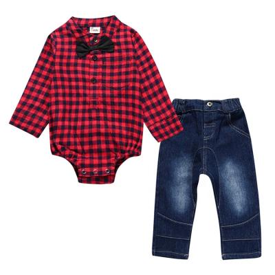 China Autumn Baby Boy Clothes Infant Children's Clothing Suit Long Sleeve Plaid T-shirt Denim Formal Pant Spring For Kids Boys for sale