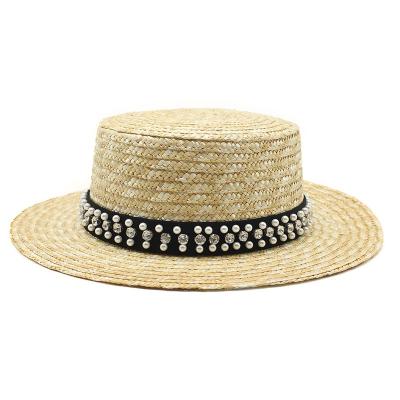 China New style outdoor pearl straw flat surface straw hat men and women tourism sun shading wide outdoor straw hat for sale