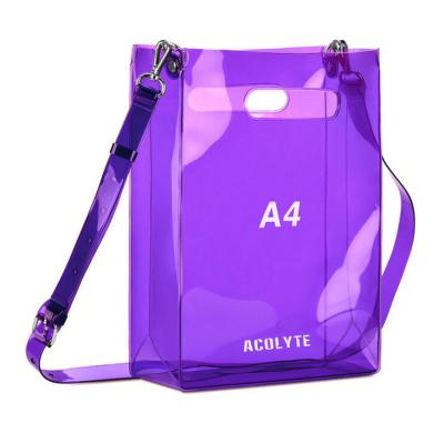 China Long Strap A4 PVC Ladies Custom Clear PVC Jelly Logo Beauty Jelly PVC Shopping Tote Bag Girls Custom Clear Bags for sale