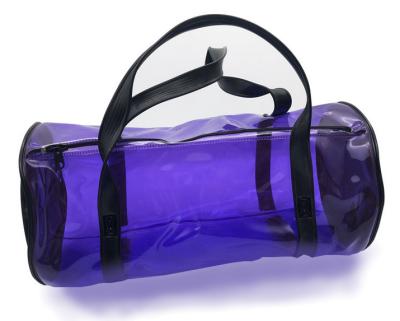 China 2020 PVC Round OEM Clear Cosmetic Jelly Cylinder Duffle Packaging Purple Handle Zipper Sealed PVC Bag for sale