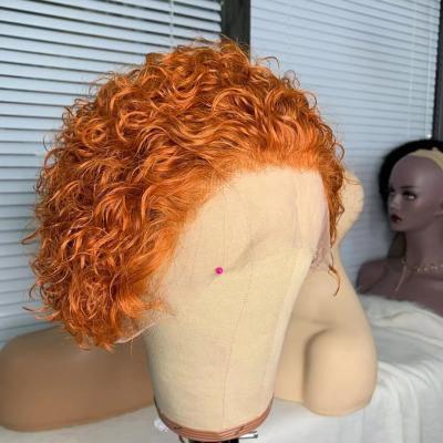 China Water Curl 8 Inch Color Short Water Wave Orange Curly Lace Front Wigs Pixie Cut Virgin Human Hair 13*4 for sale