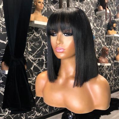 China Short Bob Straight Natural Pre Plucked #1B Color Bob Wigs With Bang Virgin Cuticle Aligned Hair Lace Frontal Wig for sale