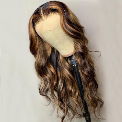 China Body Wave Highlight Color #1B/4/27T Part Wig Long Wave Middle Part 13*4*1T Virgin Hair Lace Front Wig for sale