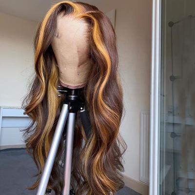 China Body Wave Highlight Piano Color 13*4 T Lace Front Wig Virgin Human Hair Long Wave T Part Wig for sale