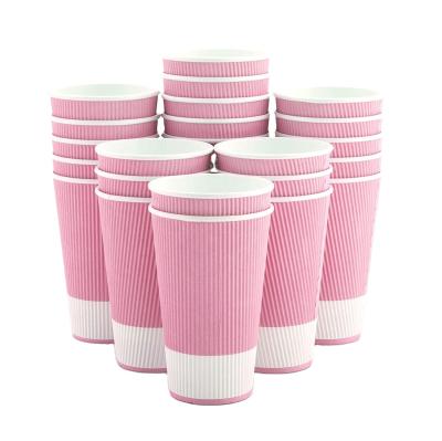 China Custom Copy Recycled Materials 8oz 12oz Pink Ripple Wall Coffee Corrugated Disposable Paper Cup For Hot Drinking for sale