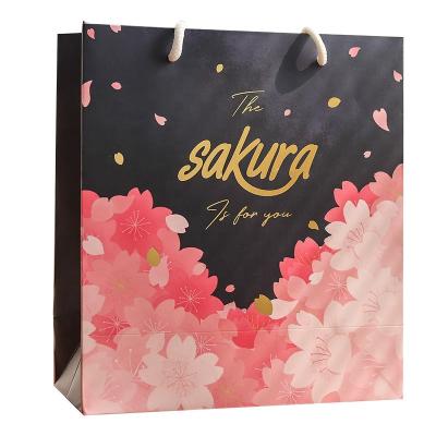 China Wholesale Customized Lovely Romantic Sakura Biodegradable Recyclable Thank You Bag Gift Candy Packaging Shopping Bags for sale