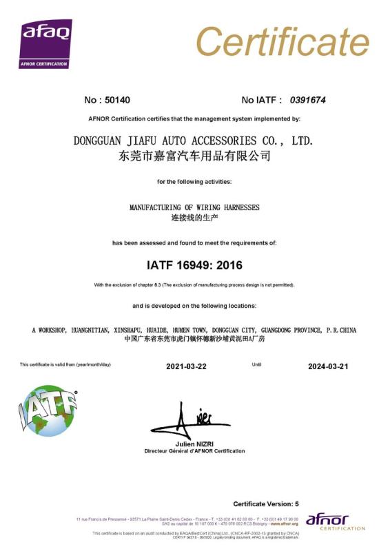 IATF16949 - Dongguan Jiafu Automobile Accessories Co., Ltd.