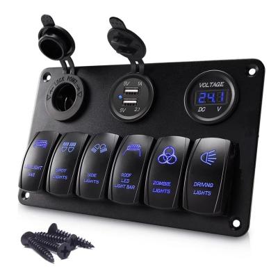 China Marine Boat Car Rv Vehicles Truck 6 Strip Rocker Inverter Panel Double Usb Dual Socket Charger DC 12v Cigarette Lighter Led Digital Voltmeter Car Accessories for sale