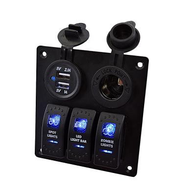 China Marine Boat Car Rv Vehicles Truck 3 Gang Waterproof Auto Boat Rocker Switch Marine Panel with Dual USB Charger Digital Voltmeter and 12v Cigarette Plug for sale