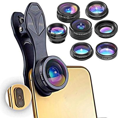 China Multifunctional 7 in 1 clip on lens Fisheye + macro + phone telephoto + 2 wide angle + FULL + kaleidoscope lens for sale