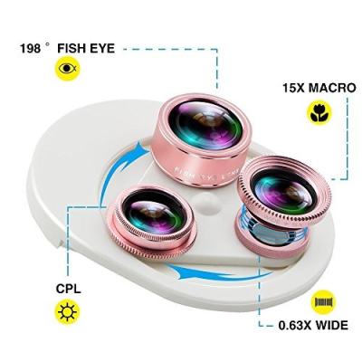 China Aluminum Plastic+Glass+ABS Optics 4 in 1 Universal Cell Phone Lens Wide Angle Fisheye Telephoto Lens Macro Polarized External Camera Lens for sale