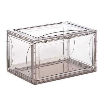 China Amazon Fashion Viable Hot Selling Acrylic Plastic Magnetic Side Opening Stackable Folding Clear Display Shoe Storage Box for sale