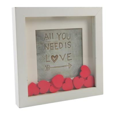 China New Design Deco Wood Shade Box Frame Home Wooden Picture Frame With Red Wooden Hearts Wedding Frame for sale