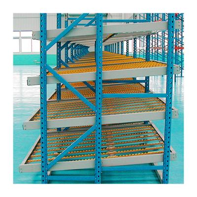 China Corrosion Protection Gravity Cardboard Flow Roller Stretching Warehouse Selective Roller Racking System for sale