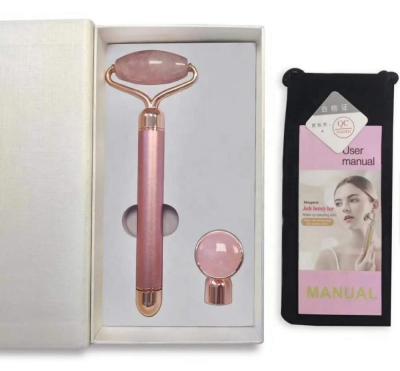 China 2020 Amazon Face 2 in 1 Electric Jade Roller Rose Quartz Face Massager Anti Aging Vibrating Facial Roller for sale