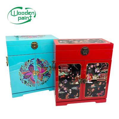 China High Grade Recycable Designer UV Blue Lacquer Finish Mirror Jewelry Luxury Drawer Jewelry Case Vintage Logo Wooden Box For Gift for sale