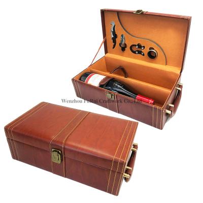 China Wholesale Europe Red Wine Portable With 2 Bottle Set Wine Brown Leather Wooden Double White Wine Box Handle Storage PU Packaging Gift Box for sale