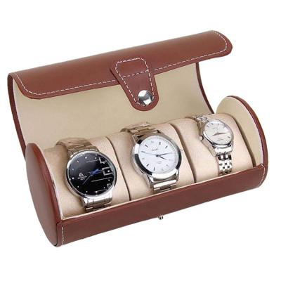 China Wholesale Recycable Travel Round Cylinder Storage 3 Luxury Leather Watch Case Roll Box for sale