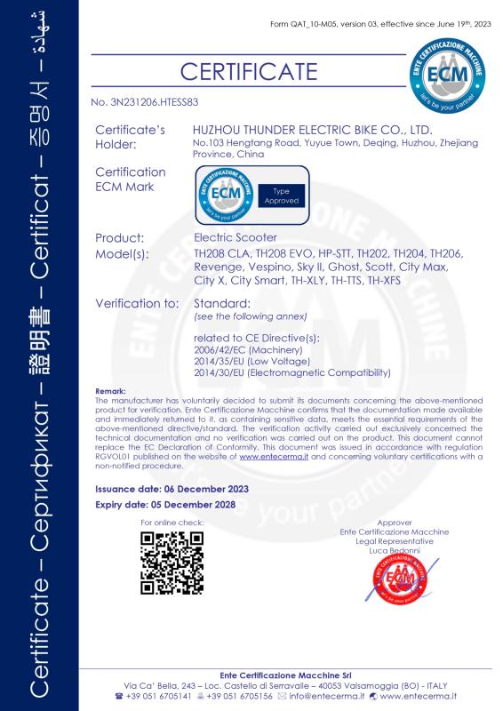 CE Certificate - Huzhou Thunder Electric Bike Co., Ltd.