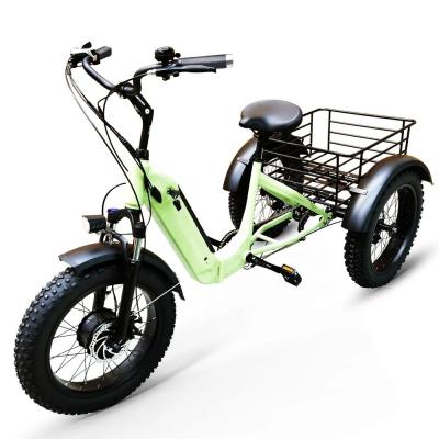 China Aluminium frame 3 wielen elektrische driewieler vouwbare 20 inch dikke band elektrische vrachtfiets Te koop